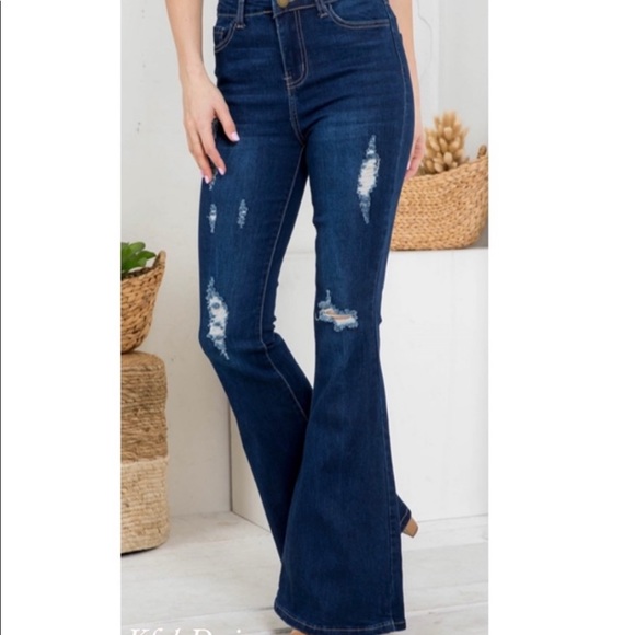 New! Clearance 🍇 Boho Gypsy High Waist Dark Denim Distressed Flare Jeans - Picture 3 of 7